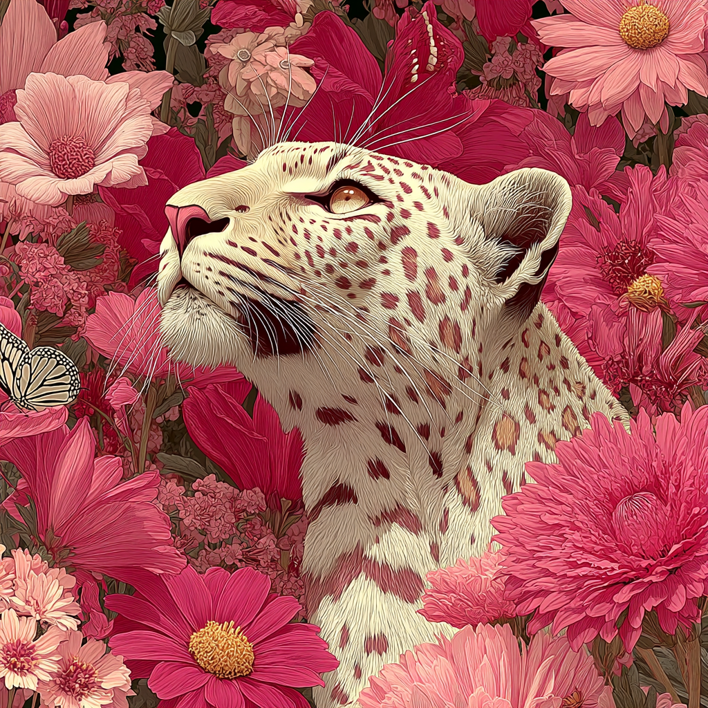 Leopard on pink flower field