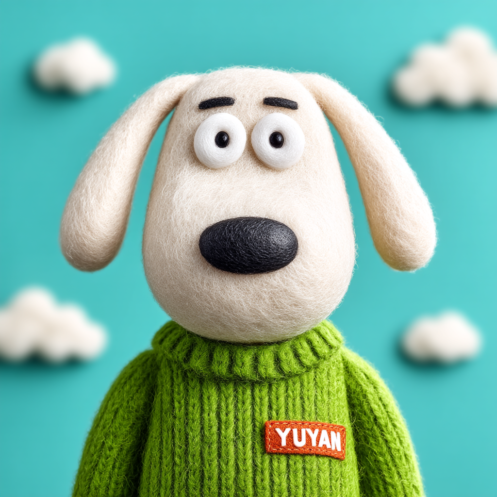 Cartoonish white dog with green sweater